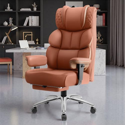 BestGlory Office Desk Chair, Big and Tall Leather Gaming Chair with Footrest, Wide Ergonomic Comfy Executive High-Back Reclining Computer Chairs, Swivel Rolling Wheels and Lumbar Support, Brown - color: Terracotta, style: 3 Position Reclining