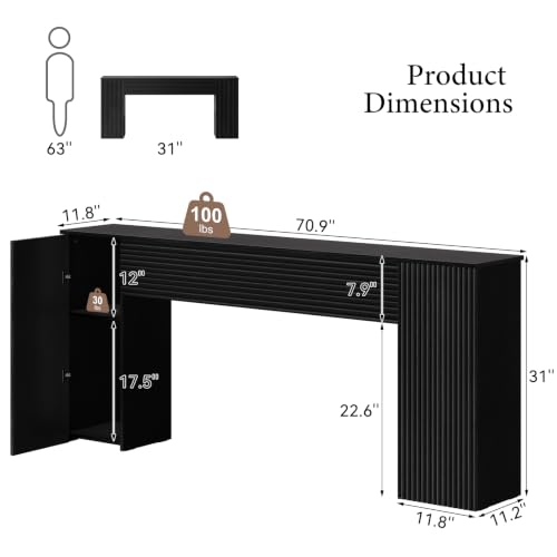 FABATO 70.8” Fluted Long Console Table with 2 Hidden Storage Cabinet, Black | Wooden Rectangular Sofa Table, Behind the Couch, Narrow Entryway Table for Entrance, Hallway, Living Room, Foyer - color: Black, size: 70.8''