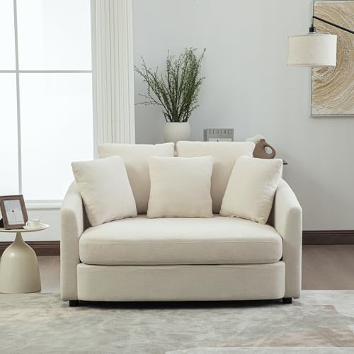 KEIKI 56" Oversized Chenille Single Sofa Chair with 5 Removable Pillows and High Density Foam Cushions, Modern 1-Seater Slipcoved Barrel Lounger Chair, Easy Assembly, for Living Room, Apartment, Beige - color: Beige