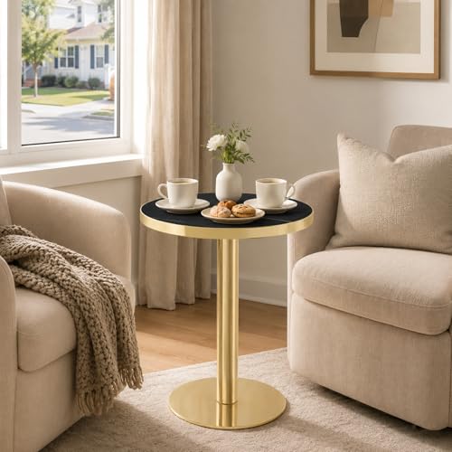 TesNus 23.6" Small Round Dining Table for 2, Circle Tulip Table, Faux Marble Top with Gold Metal Pedestal Base, Modern Leisure Coffee Table for Small Spaces, Cafe, Office, Black&Gold - color: Black Top&gold Base