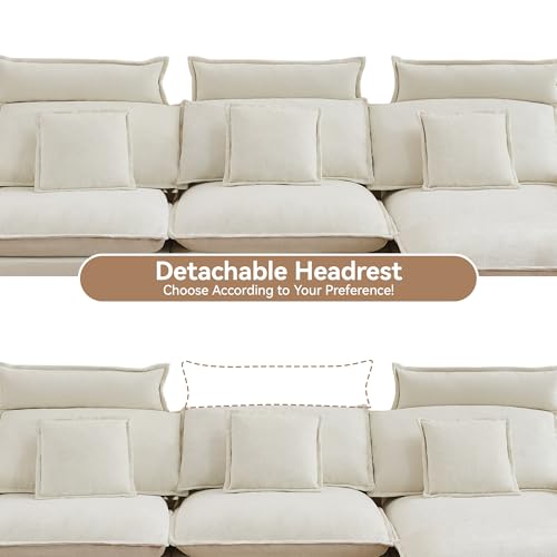 103'' Cloud Modern 3 Seater Couch with Detachable Headrest, Modular Sectional Sofa with Ottoman, Oversized L Shape Chenille Comfy Sofa with Armrests for Living Room, Beige - color: Beige, size: L Shaped Couch