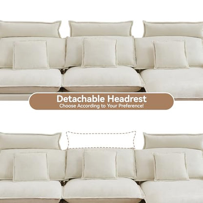 103'' Cloud Modern 3 Seater Couch with Detachable Headrest, Modular Sectional Sofa with Ottoman, Oversized L Shape Chenille Comfy Sofa with Armrests for Living Room, Beige - color: Beige, size: L Shaped Couch