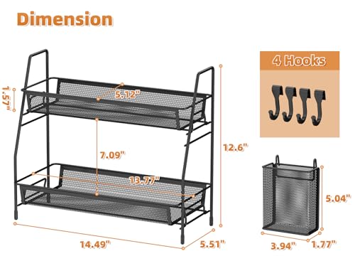 VITVITI 2 Tier Bathroom Countertop Organizer, Vanity Storage Shelf, Black | Bathroom Counter Organizer, Vanity Makeup Tray Shelf, Kitchen Spice Rack, Metal Wire Mesh, with Basket Hooks - color: 2 Tier Large Black