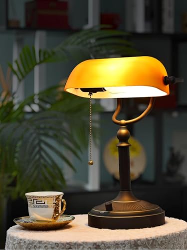 Matted Amber Stepless Dimmable Glass Bankers Desk Lamp | Table Lamp Plug in Fixture for Study Home office Library LED Bulb Included - color: Matted Amber