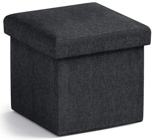 Ornavo Home Small Square Storage Ottoman, Foldable Linen, 12x12x12, Black | Collapsible Cube Design; Foot Rest Stool Seat; Ideal for Living Room, Bedroom, Home Office or Dorm - color: Black