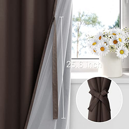 XWZO 100% Blackout Window Curtains - Thermal Insulated & Completely Room Darkening with Black Liner Window Treatment for Narrow Window, Tiebacks Included, Brown, W38 x L45, Set of 2 Panels - color: Brown, size: 38"W x 45"L (Pack of 2)
