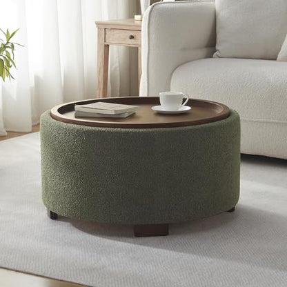 Zihanhome 30 Inch Round Storage Ottoman, Ottoman Coffee Table with Lift Off Lid, Boucle Modern Ottomans with Storage for Living Room, Bedroom, Apartments (Green) - color: Green