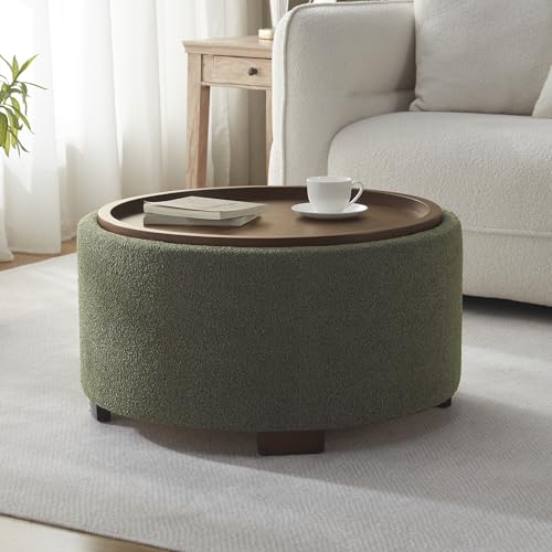 Zihanhome 30 Inch Round Storage Ottoman, Ottoman Coffee Table with Lift Off Lid, Boucle Modern Ottomans with Storage for Living Room, Bedroom, Apartments (Green) - color: Green