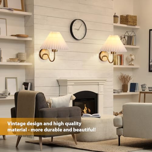 Gold Wall Sconces Sets of 2, Indoor Wall Light Fixtures with Fabric Lampshade, Pleated Fabric Wall Lamp Dresser Hardwired Lamp Wall Lighting Fixture for Bedroom Living Room Porch Dining Room | Wall Light Fixtures with Fabric Lampshade Dresser Hardwired La