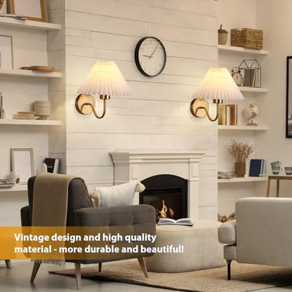Gold Wall Sconces Sets of 2, Indoor Wall Light Fixtures with Fabric Lampshade, Pleated Fabric Wall Lamp Dresser Hardwired Lamp Wall Lighting Fixture for Bedroom Living Room Porch Dining Room | Wall Light Fixtures with Fabric Lampshade Dresser Hardwired La