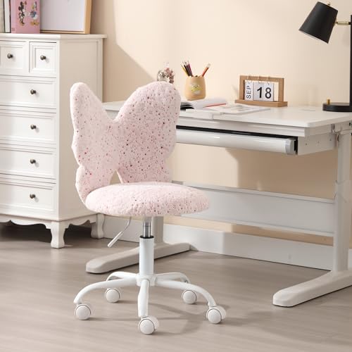 chairus Kids Desk Chair Butterfly Faux Fur Study Chair for Teenage Girls Adjustable Kids Vanity Chair for Bedroom Reading Living Room, Small Cute Student Task Chair with White Foot, Baby Pink - color: Butterfly, Pink