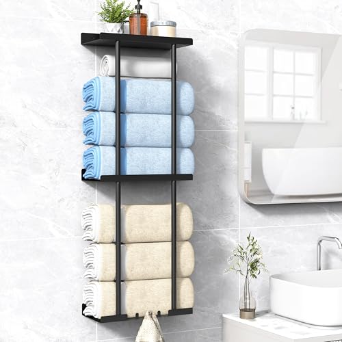 Towel Rack for Bathroom, Wall Mounted Vertical Rolled Towel Storage Organizer Holder with Shelf, Holds Up 6 Large Bath Sheets, Black Large Size - color: Black, size: Larger Size