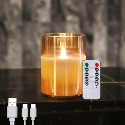 Glass Rechargeable Flameless Candles Type-c Rechargeable Candle with Remote | Real Wax Warm Color Moving Flame for Halloween Christmas Festival Wedding Home Party 200 Hours - color: Amber-1PC
