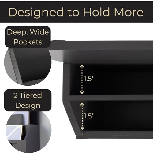 BLU MONACO | Wall-Mounted Mail and Key Holder in Grey Wood | Two-Tier Mail Organizer with Gold Hooks | Entryway Command Center for Home or Office - color: Gray