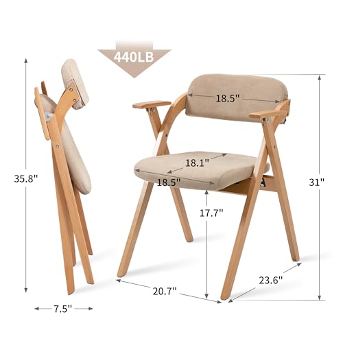 Folding Chairs with Armrest | Wooden Stackable Foldable Dining Chair with Padded Seats Set of 2 Extra for Guests Kitchen Office Wedding Party, Khaki - color: Khaki With Armrest, size: 2PCS