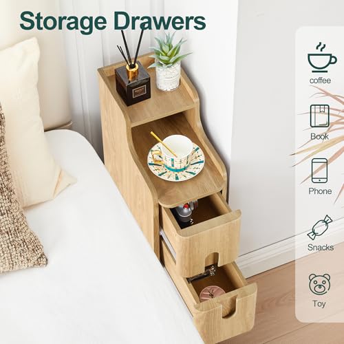Small Nightstand Set of 2, Wood 2 Drawer Narrow Nightstand, Slim Side Table, Modern Skinny End Bedside Table, Natural Wood Night Stand with Drawers for Bedroom (Natural-2 pcs) - color: Natural-2 Pcs