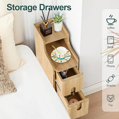 Small Nightstand Set of 2, Wood 2 Drawer Narrow Nightstand, Slim Side Table, Modern Skinny End Bedside Table, Natural Wood Night Stand with Drawers for Bedroom (Natural-2 pcs) - color: Natural-2 Pcs