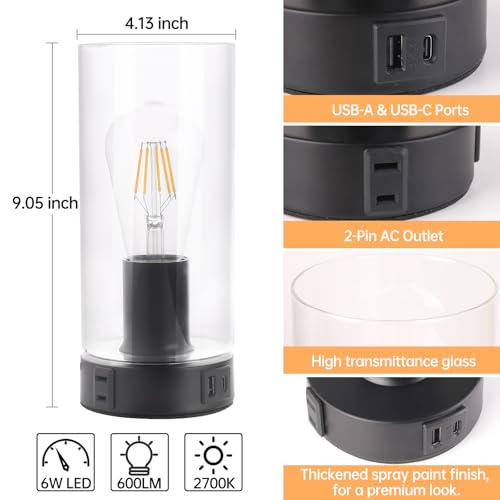 Shenmoyl Industrial Bedside Lamp with USB-A+C Charging Ports & AC Outlet, Small Touch Control Dimmable Table Lamp with Black Base Glass Shade for Bedroom, Nightstand, Dorm, Office, Desk - color: Black