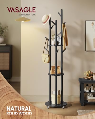 VASAGLE Freestanding Coat Rack Stand, Coat Tree with 11 Hooks, 3 Shelves, 4 Removable 360° Swivel Wheels, Wooden Hooks and Poles, for Entryway, Bedroom, Living Room, Ink Black URCR023B01 - color: Ink Black