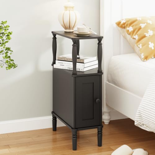 Veegle Narrow Nightstand,Skinny End Side Table (Black) | Mid-Century Modern Night stand with Storage,bedside table for Bedroom and Living Room - color: Black