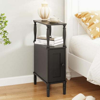 Veegle Narrow Nightstand,Skinny End Side Table (Black) | Mid-Century Modern Night stand with Storage,bedside table for Bedroom and Living Room - color: Black
