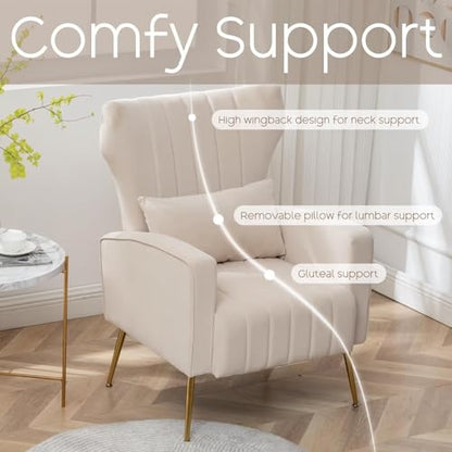 Modern Accent Chair Upholstered Living Room Chair,High Back Arm Chair with Metal Legs Lumbar Reading Chair for Bedroom, Apartment, Small Spaces Velvet Beige - color: B-beige, size: Set of 1