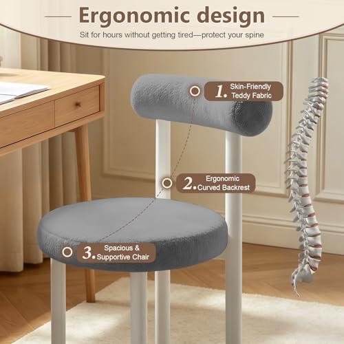 Cute Small Armless Desk Chair, Ergonomic Comfy Vanity Chairs Lumbar Support with Back for Makeup, Teddy Fabric Computer Desk Chair for Home, Bedroom, Vanity, Teens, Adults - color: Grey