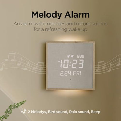mooas Wooden Frame LED Silent Wall Clock (Wooden Frame Light Brown) | Remote Control, Backlit Nightlight, Modern Digital LED Wall Clock Sunrise Alarm Melody 5 Brightness for Bedroom Living Room - color: Wooden Frame Light Brown