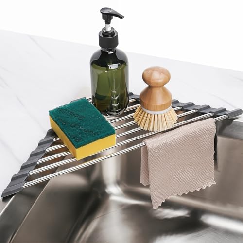 Tomorotec Triangle Roll Up Dish Drying Rack 304 Stainless Steel Dark Gray | BPA-Free Food-Grade Silicone Edges Foldable Waterproof Rustproof Heavy-Duty Space Saver Heat Resistant to 550°F - color: Dark Gray