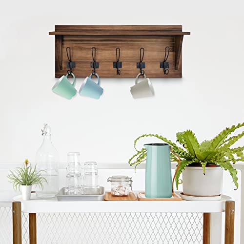 HBCY Creations Rustic Brown Solid Wood Wall Mounted Coat Rack with Shelf, 5 Hooks, 24" Long - Kitchen, Mudroom, Entryway, Bathroom - Includes Mounting Hardware, Coat Hanger, Dog Leash Hooks - color: 1- Rustic Brown