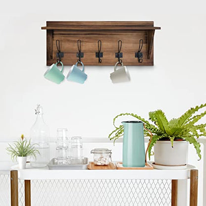 HBCY Creations Rustic Brown Solid Wood Wall Mounted Coat Rack with Shelf, 5 Hooks, 24" Long - Kitchen, Mudroom, Entryway, Bathroom - Includes Mounting Hardware, Coat Hanger, Dog Leash Hooks - color: 1- Rustic Brown