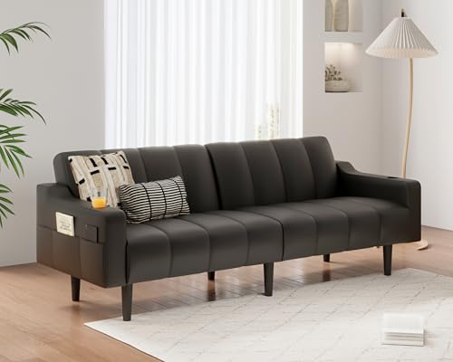 80'' Futon Sofa Bed,Faux Leather Futon Sleeper Sofa, Convertible Loveseat with Adjustable Sofa Backrest,Modern Couches for Living Room, Bedroom, Apartment, Office (Black) - color: Faux Leather Black
