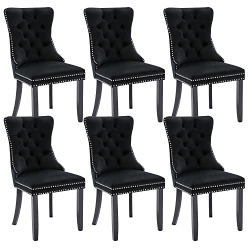 Virabit Tufted Dining Chairs Set of 6, Velvet Upholstered Dining Chairs with Nailhead Back and Ring Pull Trim, Solid Wood Dining Chairs for Kitchen/Bedroom/Dining Room (Black) - color: Black, size: set of 6