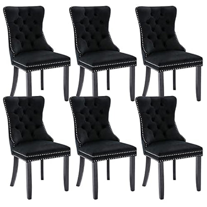 Virabit Tufted Dining Chairs Set of 6, Velvet Upholstered Dining Chairs with Nailhead Back and Ring Pull Trim, Solid Wood Dining Chairs for Kitchen/Bedroom/Dining Room (Black) - color: Black, size: set of 6