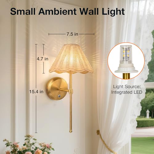 Battery Operated Boho Rattan Wall Sconce Set of 2, Stepless Dimming Magnetic Wall Lamp, 5200mAh Rechargeable Battery and Integrated LED, for Living Room Bedroom Hallway Corridor - size: Battery-Powered