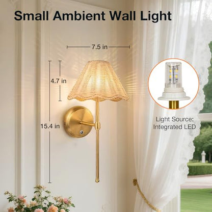 Battery Operated Boho Rattan Wall Sconce Set of 2, Stepless Dimming Magnetic Wall Lamp, 5200mAh Rechargeable Battery and Integrated LED, for Living Room Bedroom Hallway Corridor - size: Battery-Powered