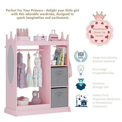 UTEX Kids Armoire Wardrobe Closet with Mirror and Storage Bin, Pink, 33.4 in W x 15.75 in D x 44.5 in H | See and Store Kids Wardrobe, Toddler Dress Up Rack, Open Hanging Armoire Closet, Water-based Paint, Princess Style - color: Pink