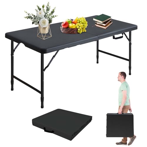Portable 4Ft Folding Table, Heavy Duty Plastic Fold-in-Half Utility Foldable Table Small, Adjustable Height Plastic Folding Table with Carrying Handle for Camping & Party Indoor/Outdoor(Black) - color: Black, size: 4Ft