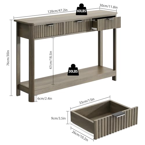 RUSTOWN Fluted Wood Console Table with 3 Drawers, 47.2" Boho Entryway Table | Narrow Behind Couch Sofa Table, Open Storage Shelf, Curved legs, 2 Tier Modern Farmhouse Hallway Table for Living Room, Foyer - color: Washed Oak