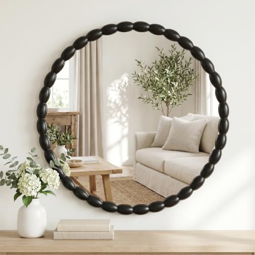 30"x30" Round Solid Wood Farmhouse Decorative Wall Mirror | Timeless Circle Wall Mirror with Black Beaded Wood Frame, Perfect for Bathroom, Vanity, Entryways, Living Rooms - color: Black, size: 30"L x 30"W