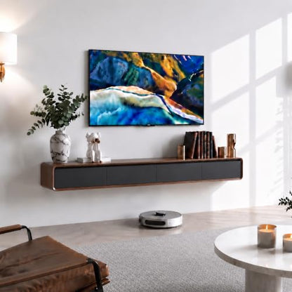 Floating TV Stand, Modern Wall-Mounted Entertainment Center with 1 Flip-Down Cabinet Doors 2 Drawers, Solid Wood Media Console (Walnut/Black, 63") - color: Walnut Black, size: 63"