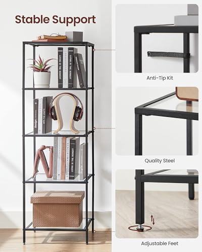 VASAGLE Bookcase, 5-Tier Bookshelf, Slim Shelving Unit for Bedroom, Bathroom, Home Office, Tempered Glass, Steel Frame, Ink Black ULGT029B61 - color: Ink Black, size: 5 Tiers (15.7"W x 49"H)