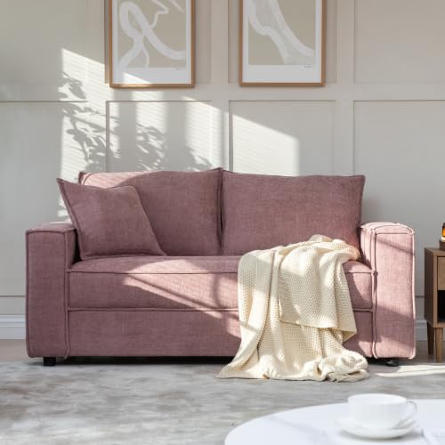 YUHUASHI Linen Fabric Loveseat Sofa, Modern Upholstered 2-Seater Couch with Square Arms and Throw Pillow, Sturdy Small Space Sofa Furniture for Living Room Bedroom Apartment (Pink, 65 Inch W) - color: Pink, size: 65 Inch W