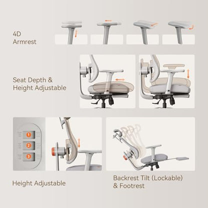 Ergonomic Office Chair-Home Office Desk Chair with Footrest, Auto-Following Backrest & Headrest, 4D Armrests, 96°-136° Recline - color: Grey, size: Without Laptop Table + Auto-Following Headrest
