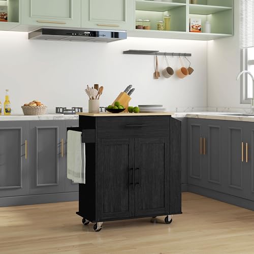 HOMCOM Kitchen Island with Storage Microwave Stand AC Outlets Black | USB Ports, Rolling Kitchen Cart, Towel Rack, Spice Rack - color: Black