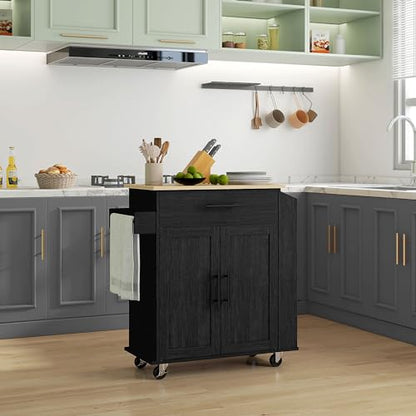 HOMCOM Kitchen Island with Storage Microwave Stand AC Outlets Black | USB Ports, Rolling Kitchen Cart, Towel Rack, Spice Rack - color: Black