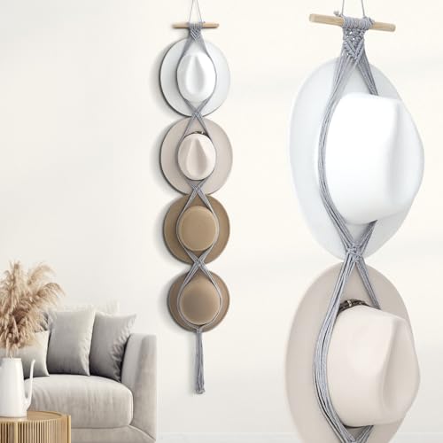 Macrame Hat Hangers Racks Boho Cowboy Hats Holders Western Display Organizer Storage decor Back of Door for Wall(Gray,Four Hats Style) - color: Gray, style: Four Hats Style