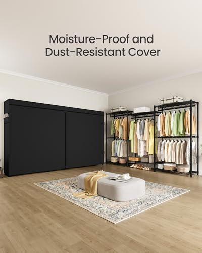SONGMICS Heavy-Duty Rolling Clothes Rack, Garment Rack, Portable Closet, with Adjustable Mesh Shelves and Hanging Rails, Fabric Cover, 15.8 x 86.4 x 76 Inches, Ink Black ULGR437BH01 - color: Ink Black, size: 86.4"L x 76"H, style: With Fabric Cover