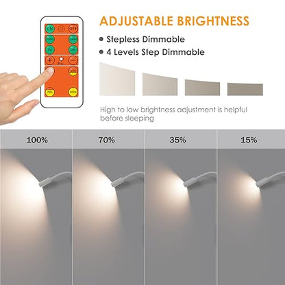 ENUOTEK LED Wall Mounted Reading Light, Bedside Book Lights with Wireless Remote Control for Bed, Flexible Bedroom Spot Lamp, Dimmable Neutral White 4000K Lighting, Timer Function, 5V 2A USB Output - color: White