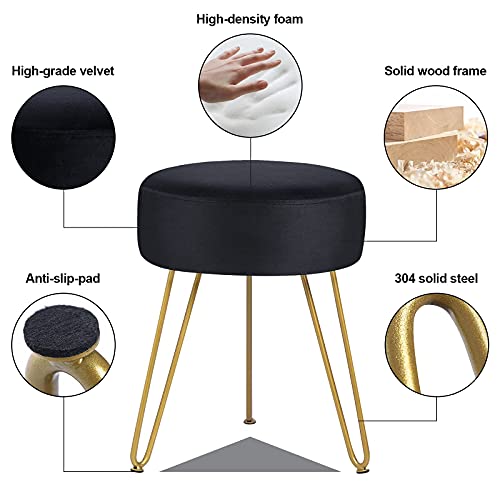 GERANT Multifunctional Vanity Stools - Velvet Round Ottoman Modern Dressing Stool -Upholstered Footrest Stool - Side Table Footstool with Golden Metal Leg for Living Room, Bedroom (Black) - color: Black